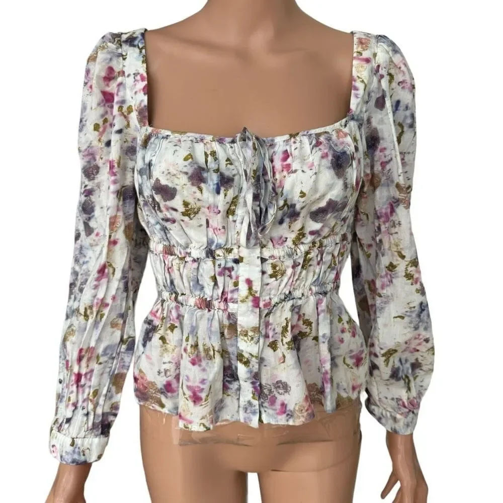 J. Crew Flora Obscura X cinched-waist top in kaleidoscope floral cotton size 8 - Picture 2 of 8